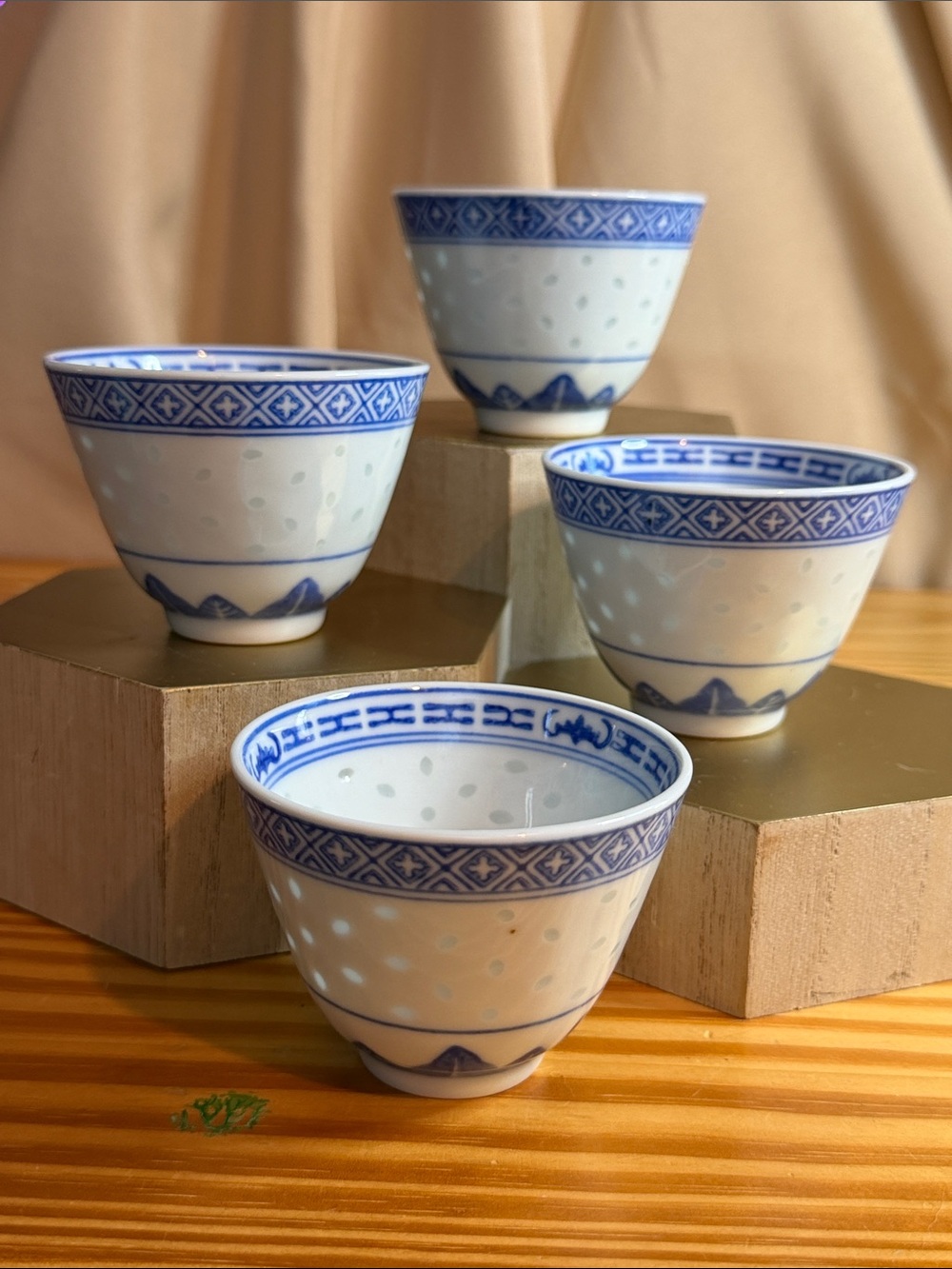 Vintage Chinese Rice Grain Porcelain Teacups Blue White Flower Set of 4